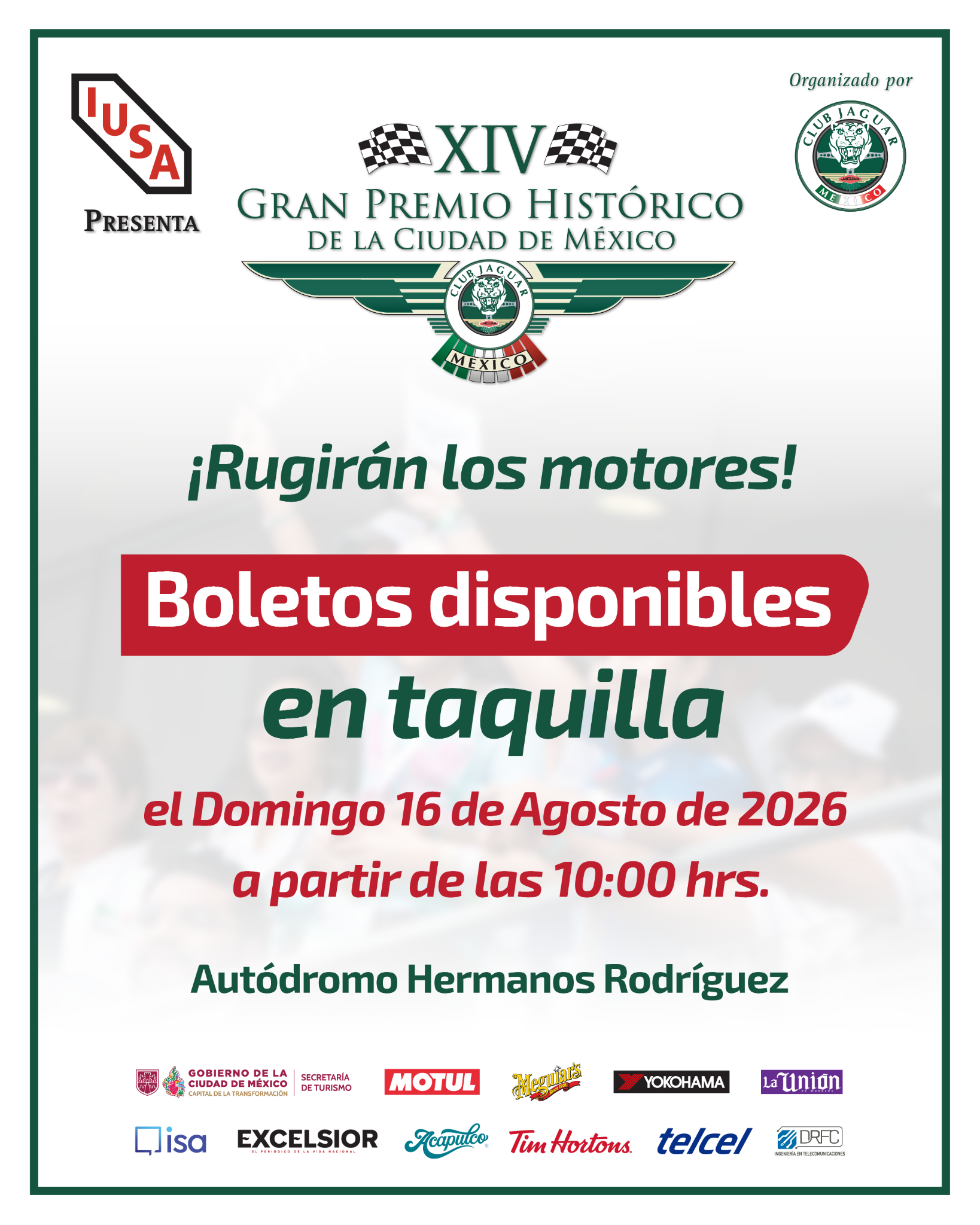 Boletos disponibles en taquilla el domingo 16 de agosto de 2026 a partir de las 10:00 hrs. en el Autódromo Hermanos Rodríguez