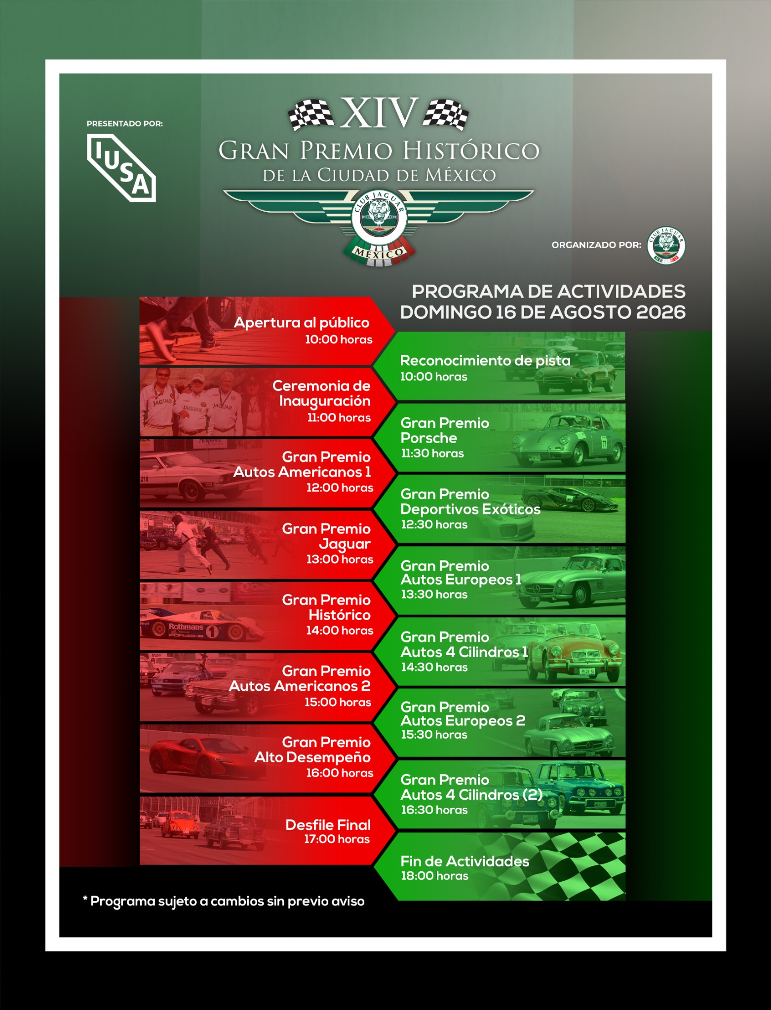 Programa de Actividades del XIV Gran Premio Histórico, domingo 16 de agosto de 2026